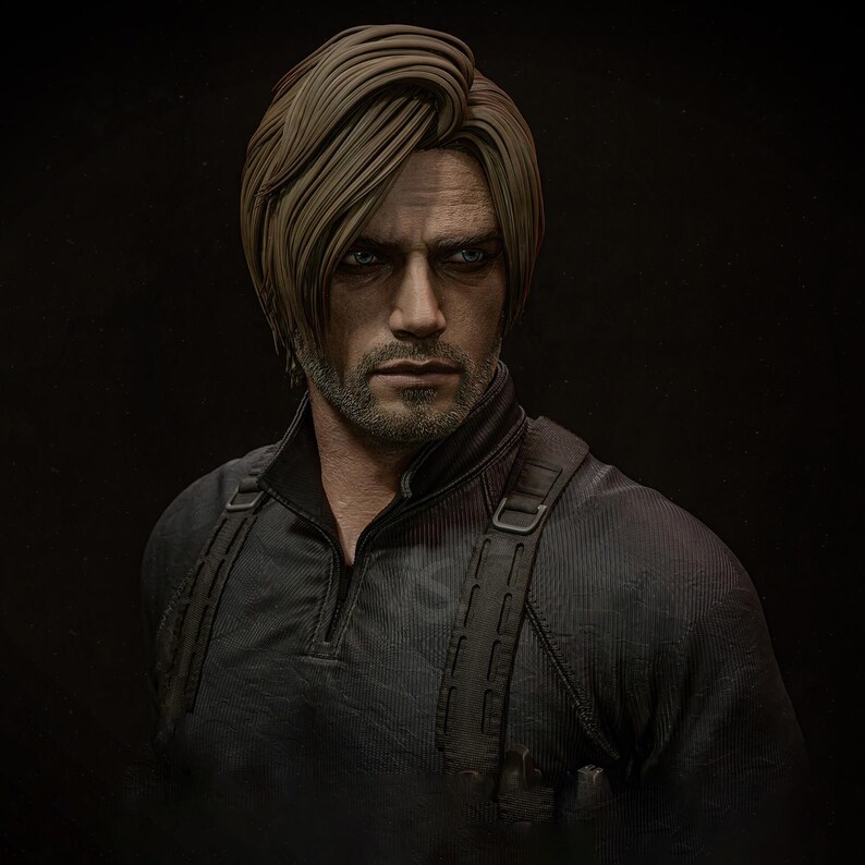 May include: A detailed bust of a man with light brown hair and a short beard. He wears a black shirt with a high collar and suspender-like straps. The background is a dark, solid color.