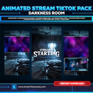 Peut inclure: Pack TikTok animé pour les streamers avec une pièce sombre aux murs fissurés et une icône de manette de jeu qui brille. Le texte "STREAM IS STARTING" est affiché en blanc gras. Le pack comprend des arrière-plans, des écrans, des superpositions et des transitions animés.