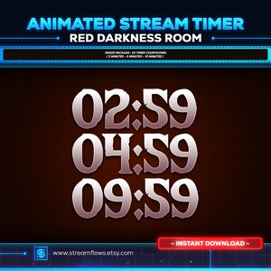 Peut inclure: Graphique de compte à rebours de minuterie de diffusion animée avec un fond rouge et du texte blanc. Le texte indique "ANIMATED STREAM TIMER", "RED DARKNESS ROOM", "INSIDE PACKAGE: 3X TIMER COUNTDOWN (3 MINUTES - 5 MINUTES - 10 MINUTES)", "02:59", "04:59", "09:59", "INSTANT DOWNLOAD -", et "www.streamflows.etsy.com".