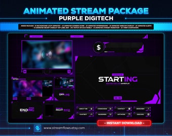 Animated Purple Neon Stream Overlay Pack: Futuristic Tech Design (Instant Download via PDF)