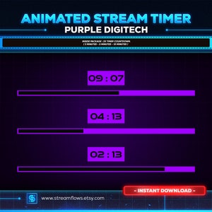 Op de afbeelding: Geanimeerde streamtimer-countdown met een paars digitaal display. De timer toont 09:07, 04:13 en 02:13. De tekst "Direct downloaden" staat onderaan de afbeelding.