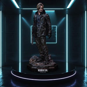 May include: A detailed statue of a man in a black leather jacket and pants, holding a gun. The statue stands on a rocky base with the words "RESIDENT EVIL requiem" on the front. The figure is on a black circular platform with neon blue lights.