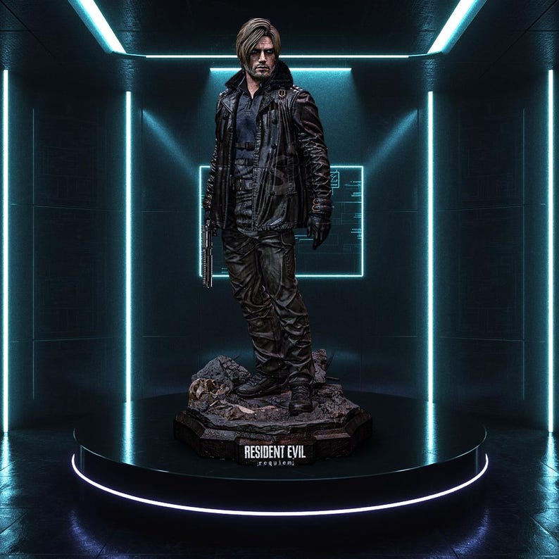 May include: A detailed statue of a man in a black leather jacket and pants, holding a gun. The statue stands on a rocky base with the words "RESIDENT EVIL requiem" on the front. The figure is on a black circular platform with neon blue lights.