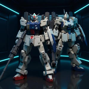 May include: Two detailed robot action figures. The robots are primarily white with blue, red, and grey accents. One robot holds a long gun, and the other has a shield. The background is a dark, futuristic setting with blue neon lights.