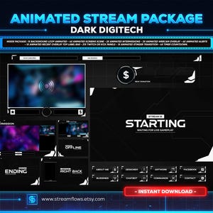 Animated DARK Digitech Stream Overlays Package for Twitch, Kick, Youtube, OBS, Streamlabs | Futuristic Black & White Style Instant Download