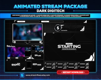 Animated Black & White Stream Overlay Package: Futuristic Tech Design (Instant Download)
