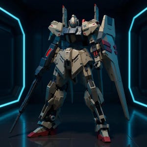 Op de afbeelding: Een gedetailleerd, futuristisch robotmodel in een donkere omgeving met neonblauwe accenten. De robot is voornamelijk gebroken wit met grijze en rode details, met een lang wapen en een groot schild. Het ontwerp suggereert een sciencefiction- of animethema.