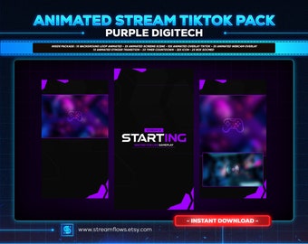 May include: Animated TikTok pack for streaming with purple and black color scheme. The pack includes a background loop, animated screen scenes, animated overlays, a stinger transition, and a timer countdown. The text "STARTING" is displayed on the screen with the words "WAITING FOR LIVE GAMEPLAY" below. The text "INSTANT DOWNLOAD" is displayed at the bottom of the image.