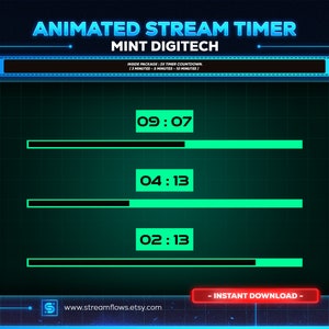 Puede incluir: Un temporizador de transmisión en directo animado digital con un esquema de color negro y verde. El temporizador muestra tres temporizadores de cuenta atrás: 09:07, 04:13 y 02:13. El texto "DESCARGA INSTANTÁNEA" se muestra en rojo en la parte inferior de la imagen.
