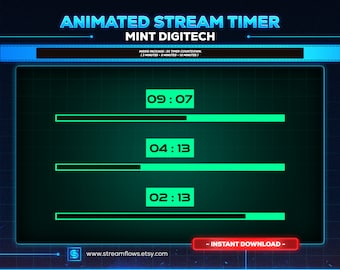 Op de afbeelding: Een digitale geanimeerde streamtimer met een zwart-groen kleurenschema. De timer toont drie afteltimers: 09:07, 04:13 en 02:13. De tekst "INSTANT DOWNLOAD" wordt onderaan de afbeelding in rood weergegeven.