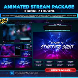 Könnte beinhalten: Animiertes Stream-Paket für Twitch oder YouTube mit einem Donner-Thema. Das Paket beinhaltet eine Hintergrundschleife, animierte Bildschirme, Benachrichtigungen und mehr. Der Text "Stream is Starting Soon" wird in fetter, weißer Schrift mit einem lila und blauen Blitzeffekt angezeigt.