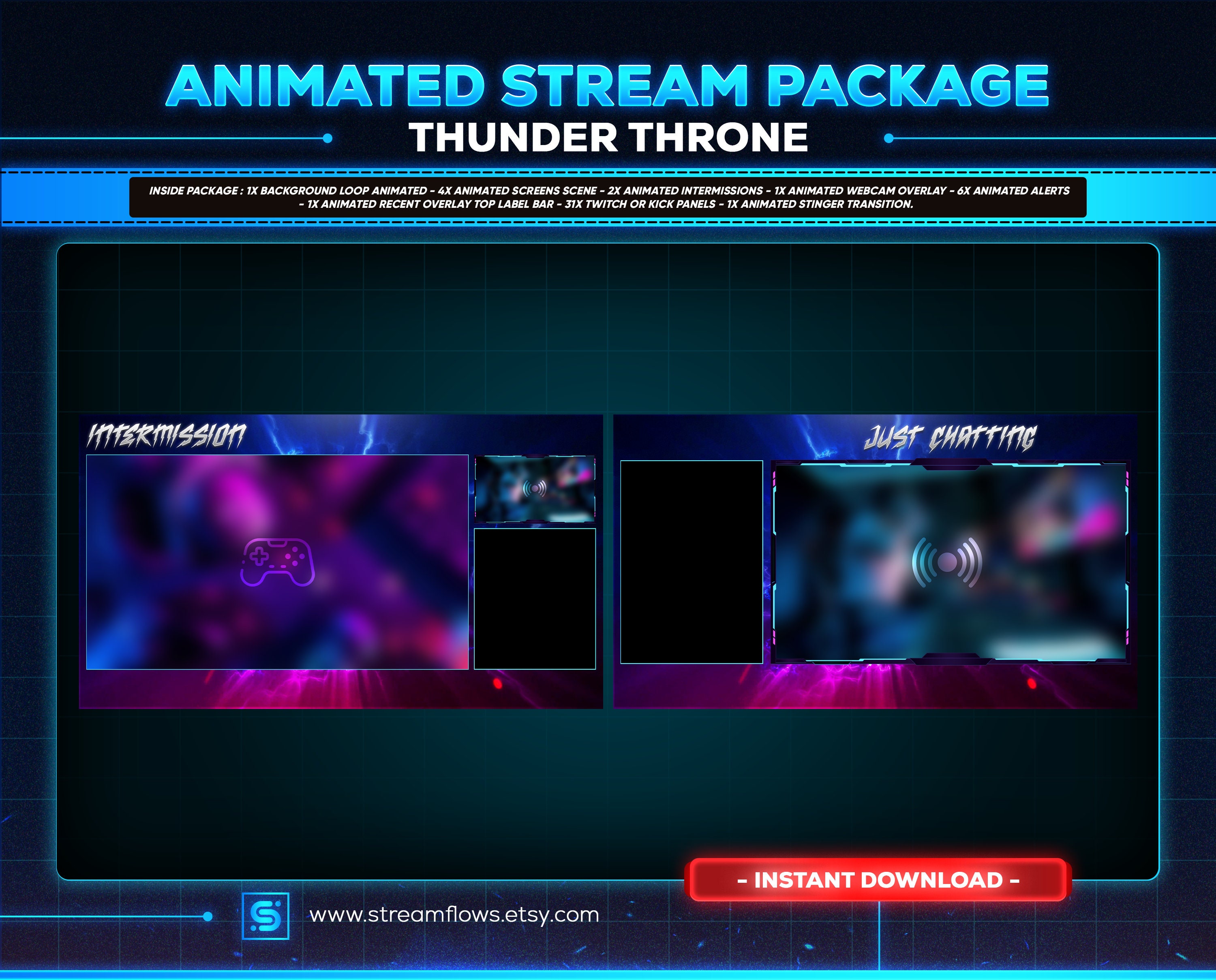 Thunder Throne Animated Twitch - Kick - Youtube Stream Overlay Pack for ...