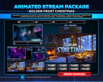 May include: Animated stream package with a Golden Frost Christmas theme. The design includes animated screens, webcam overlays, alerts, and a timer countdown. The package features a cozy winter scene with a Christmas tree and fireplace.
