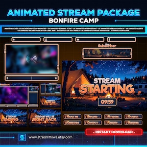 May include: Animated stream package for Twitch or YouTube with a bonfire camp theme. The package includes animated screens, alerts, transitions, and a timer countdown. The package also includes a new subscriber alert, a stream starting screen, and a stream ending screen. The package is available for instant download.