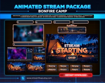 Animated Bonfire Camp Stream Overlay Package, Cozy Twitch, OBS, YouTube