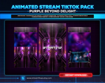 May include: Animated stream and TikTok pack with a purple and neon color scheme. The pack includes a background loop, animated screen scenes, animated overlays, a stinger transition, and a timer countdown. The text "STARTING" is displayed in a neon yellow color.