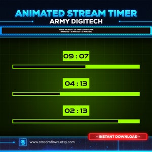 3x Army Digitech Animated Stream timer Countdown Pack for Twitch, Kick, Youtube | Futuristic - Cyberpunk - Aesthetic - Modern - Clean.