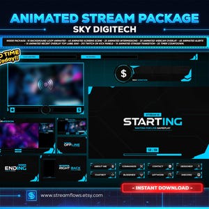 Puede incluir: Paquete de transmisión animado para Twitch o YouTube con un esquema de color azul y negro. El paquete incluye una pantalla de inicio, una pantalla de intermedio, una pantalla de finalización y otras pantallas para donaciones, chat y más. El paquete también incluye alertas animadas, stingers y una cuenta regresiva.