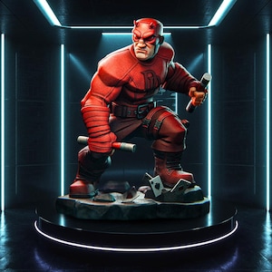 May include: A red Daredevil statue with a menacing expression, posed on a black platform. The figure is clad in a red suit with a belt and boots, holding two batons. The base features playing cards and a rocky texture.