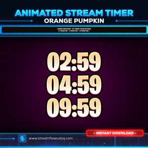 Op de afbeelding: Geanimeerde streamtimer-countdown-afbeelding met een fel oranje pompoenontwerp. De timer toont drie verschillende tijden: 02:59, 04:59 en 09:59. De tekst "INSTANT DOWNLOAD" staat onderaan de afbeelding.