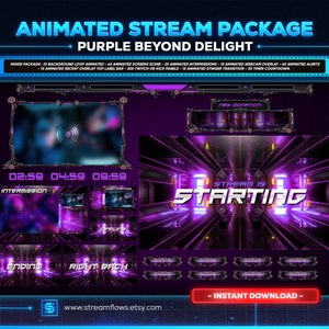 Animated Purple & Black Tech Stream Overlays for Twitch, Kick, YouTube, OBS, Streamlabs | Neon Futuristic Scenes, Panels, Webcam, Alerts