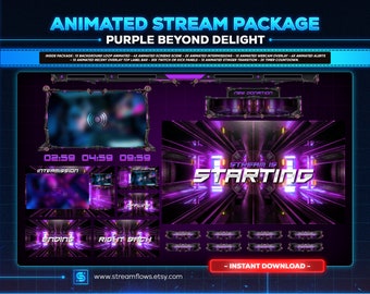 アニメーション化された紫色のネオンストリームオーバーレイ：Tech Twitch、YouTube、Kick