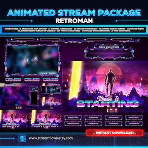 以下が含まれることがあります： レトロフューチャーなテーマのTwitchまたはYouTube用のアニメーションストリームパッケージ。パッケージには、背景ループ、画面シーン、インターミッション、ウェブカメラオーバーレイ、アラート、スティンガー遷移、タイマーカウントダウンなど、さまざまなアニメーション要素が含まれています。パッケージには、トップラベルバー、TwitchまたはKickパネル、新しい寄付アラートなど、さまざまな静的要素も含まれています。パッケージはすぐにダウンロードできます。