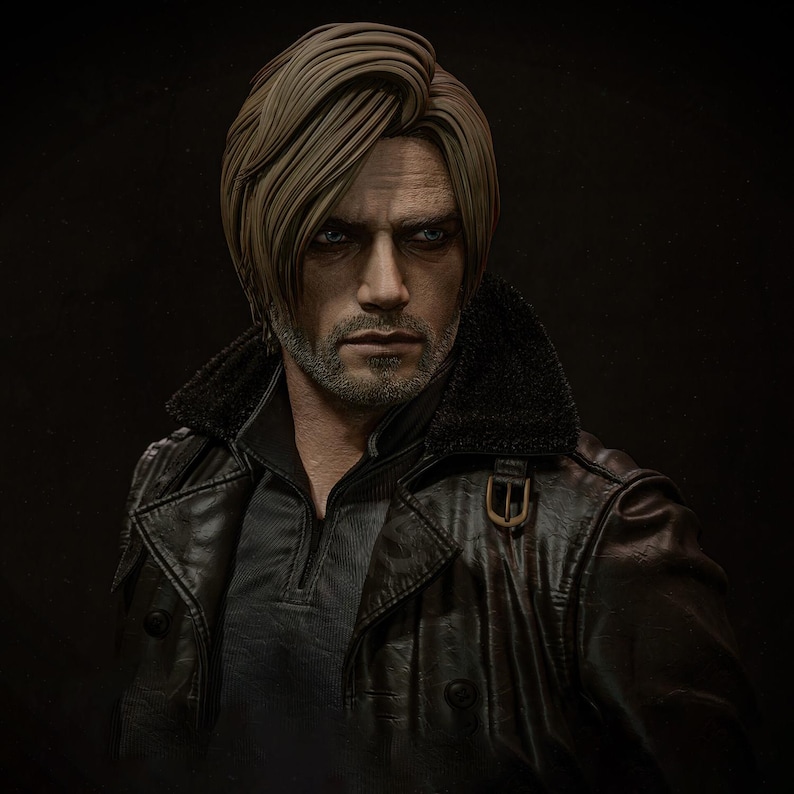 May include: A detailed bust of a man with light brown hair and a serious expression. He wears a black leather jacket with a fur collar and a gray shirt. The bust is set against a dark background.