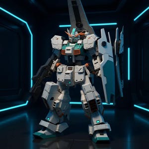 May include: A detailed, futuristic robot model in a dark, neon-lit setting. The robot is primarily white with teal and orange accents, holding a large gun and shield. The design suggests a science fiction or anime theme.