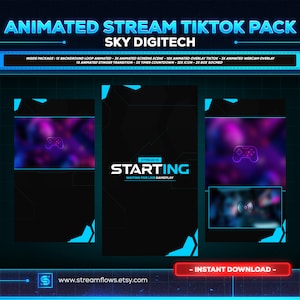 Peut inclure: Un ensemble numérique pour les streams TikTok animés, avec un fond noir et des accents bleu néon et violets. Le texte indique "ANIMATED STREAM TIKTOK PACK" et "STARTING". Comprend des superpositions, des écrans et des icônes animés.