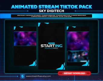 Sky digitech animated tiktok live streaming overlays package | screens,webcams,transition | vertical design - clean - cyberpunk.