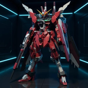May include: A detailed image of a red, white, and black robot with a gun and shield. The robot has multiple wings and is standing in a dark room with blue neon lights. The robot's design is intricate, with many panels and joints.