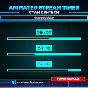 3x cyan digitech animated stream timer countdown for twitch,kick,youtube | complete stream graphic | clean - dark - cyberpunk.