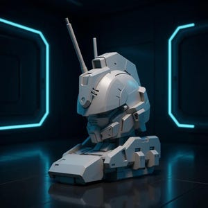 May include: A light gray, futuristic robot head with two antennas and a detailed, angular design. The head is set against a dark background with neon blue accents, suggesting a sci-fi or tech theme.