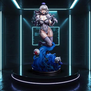Könnte beinhalten: Detaillierte Figur einer weiblichen Figur mit weißen Haaren, die einen grauen Body und kniehohe Socken trägt. Die Figur posiert auf einer blauen, stilisierten Wasserbasis mit zwei geisterhaften Figuren. Der Hintergrund ist ein dunkler Raum mit neonblauen Lichtern.