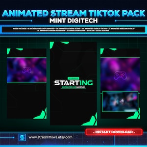 May include: Animated TikTok pack for streamers with a green and purple color scheme. The pack includes a starting screen, a webcam overlay, and a stinger transition. The text "STREAM IS STARTING" is displayed on the screen. The text "WAITING FOR LIVE GAMEPLAY" is displayed below the main text. The text "INSTANT DOWNLOAD" is displayed at the bottom of the image.