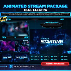 Blue Electra – Cyber Neon Stream Overlay Pack | Animated Scenes, Webcam, Panels for Twitch, Kick, OBS, YouTube