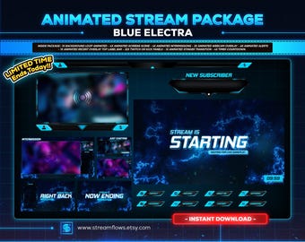 Blue Cyber Animated Twitch - Kick - Youtube Stream Overlay Pack for OBS & Streamlabs