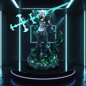 Puede incluir: Figura detallada de un personaje con cabello blanco, vestido con atuendo oscuro y sosteniendo una espada verde azulado brillante. La figura se alza sobre una plataforma negra, rodeada de energía verde neón y un fondo futurista.