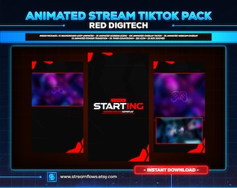 Red digitech animated tiktok live streaming overlays package | screens,webcams,transition | vertical design - clean - cyberpunk.