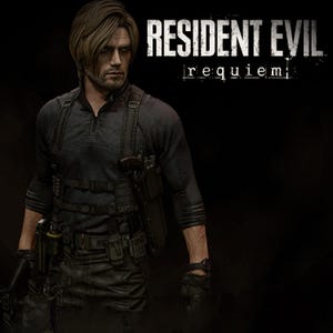 May include: A digital rendering of a character from Resident Evil: Requiem. The character is a man with light brown hair, wearing a black tactical outfit with multiple pouches, holsters, and a watch. The title "RESIDENT EVIL requiem" is displayed in white text.