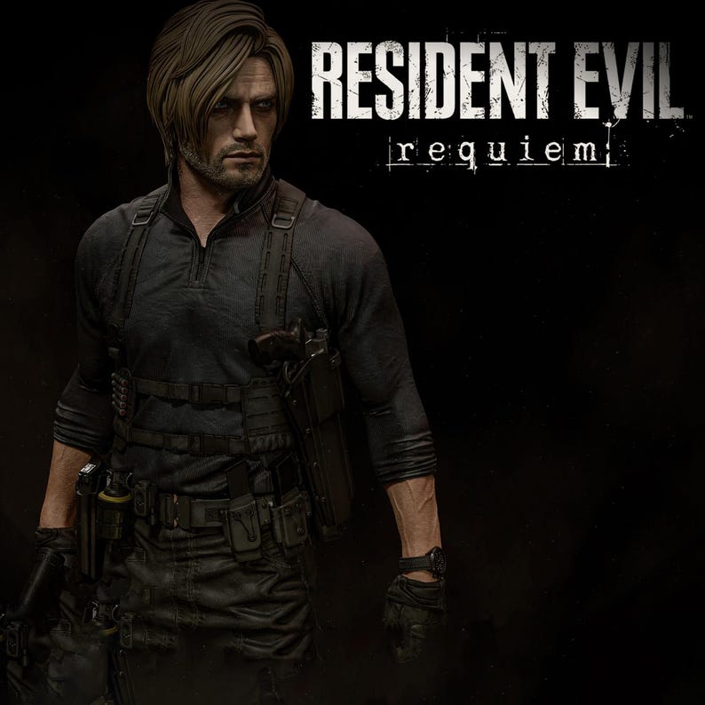May include: A digital rendering of a character from Resident Evil: Requiem. The character is a man with light brown hair, wearing a black tactical outfit with multiple pouches, holsters, and a watch. The title "RESIDENT EVIL requiem" is displayed in white text.