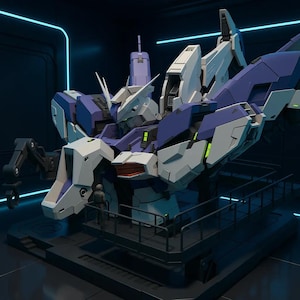 May include: A detailed model of a futuristic robot head, featuring a combination of white, purple, and gray panels. The robot is mounted on a platform with a small figure standing nearby, set against a dark, futuristic background with neon blue accents.