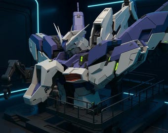 May include: A detailed model of a futuristic robot head, featuring a combination of white, purple, and gray panels. The robot is mounted on a platform with a small figure standing nearby, set against a dark, futuristic background with neon blue accents.