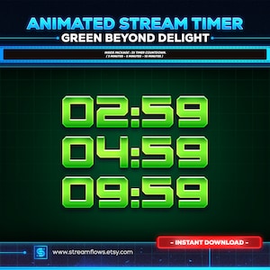Op de afbeelding: Geanimeerde streamtimer-countdown-afbeelding met groene cijfers op een zwarte achtergrond. De timer toont 02:59, 04:59 en 09:59. De tekst "GREEN BEYOND DELIGHT" wordt boven de timer weergegeven. De tekst "INSTANT DOWNLOAD" wordt onder de timer weergegeven.