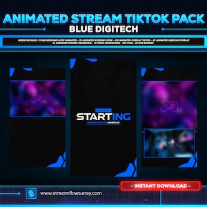 Może przedstawiać: Animowany pakiet strumieniowania i TikTok dla graczy. Pakiet zawiera niebieskie i czarne tło z fioletowym i niebieskim gradientem. Tekst "STREAM IS STARTING" jest wyświetlany na biało z niebieskim obramowaniem. Tekst "WAITING FOR LIVE GAMEPLAY" jest wyświetlany na biało pod głównym tekstem. Tekst "INSTANT DOWNLOAD" jest wyświetlany na biało z czerwonym obramowaniem. Tekst "www.streamflows.etsy.com" jest wyświetlany na biało z niebieskim obramowaniem.