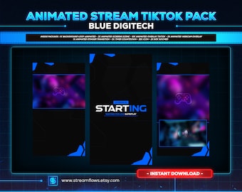 blue digitech animated tiktok live streaming overlays package | screens,webcams,transition | vertical design - clean - cyberpunk.