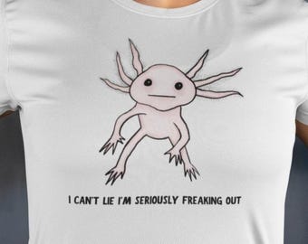 Weirdcore Freaked-out Axolotl-T-shirt | Grappig Meme Axolotl-shirt | Uniseks T-shirt met grafische print in natuurlijk, wit of essenhout