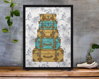May include: A stack of five vintage suitcases with a floral pattern background. The suitcases are in shades of brown, yellow, and blue.