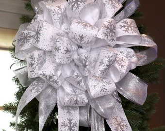 White and Silver Christmas Tree Topper, Extra large Ribbon tree topper, Snowflake bow with streamers, christmas tree topper bow